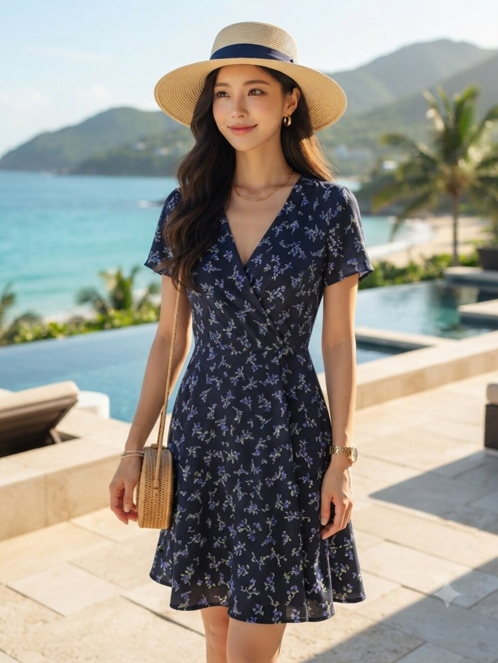 Ann Taylor Womens Floral Faux Wrap Navy Blue short sleeve v neck Dress EUC